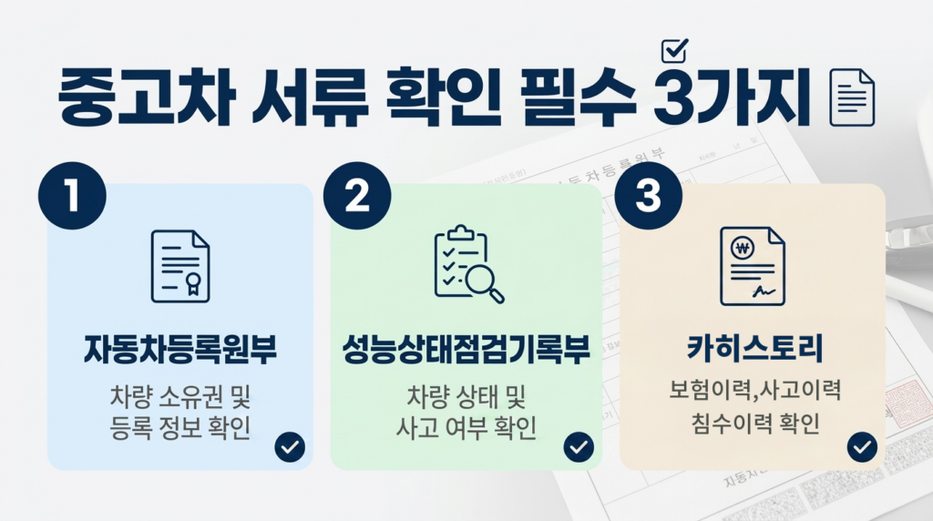 중고차 서류 확인 필수 3가지 자동차등록원부 성능상태점검기록부 카히스토리 체크리스트