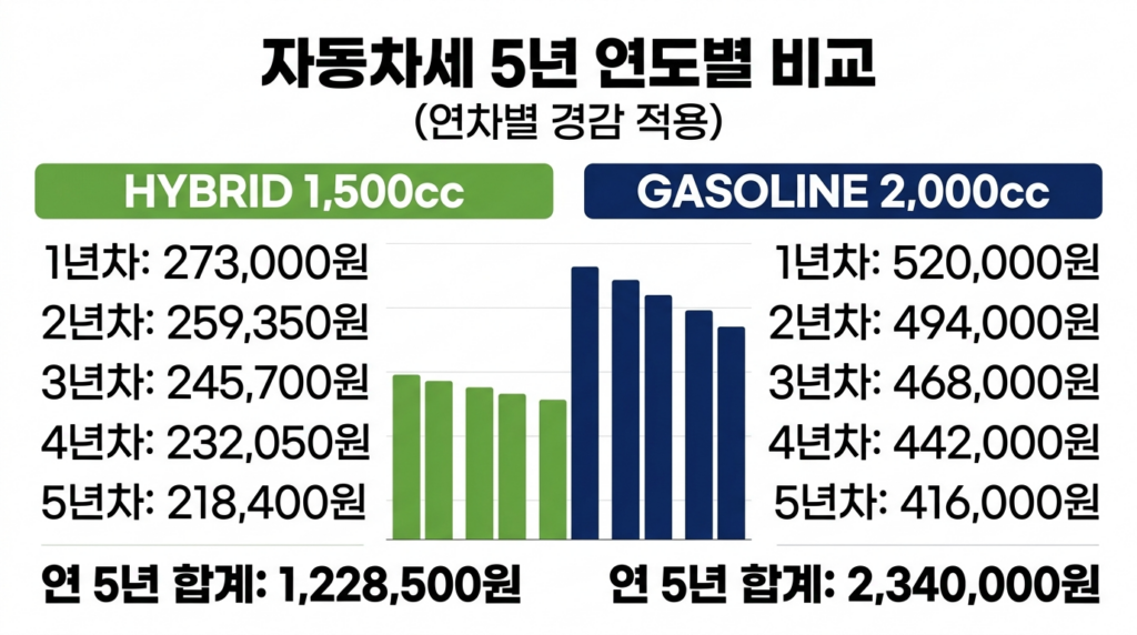 그랑콜레오스 가솔린 하이브리드 유지비 자동차세 5년 연도별 납부액