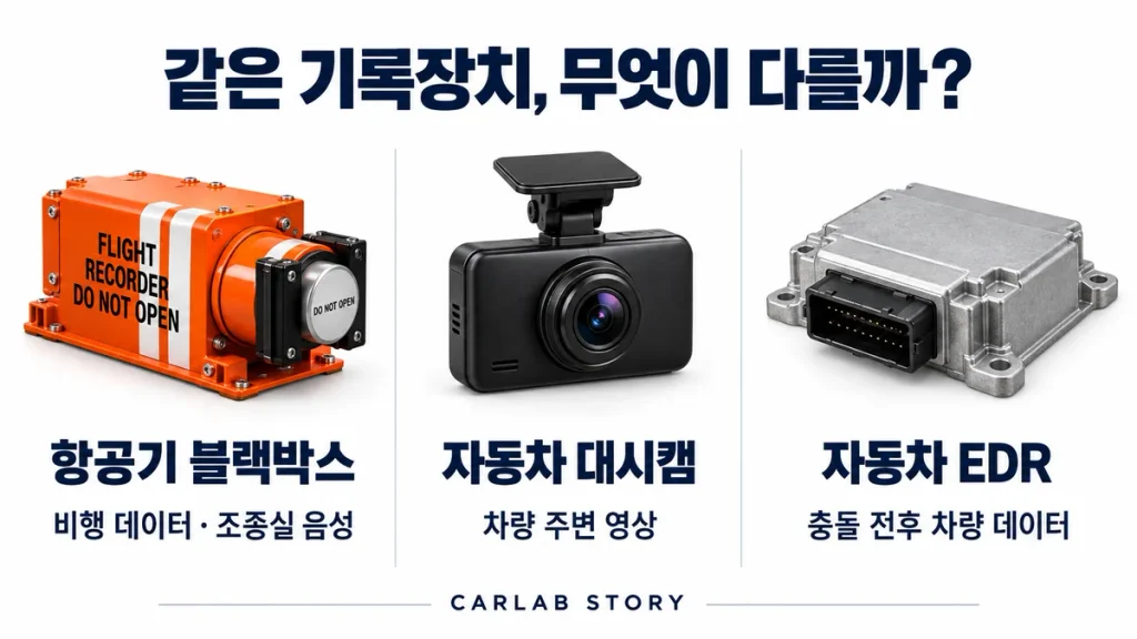 항공기 블랙박스, 자동차 대시캠, 자동차 EDR이 기록하는 정보 비교