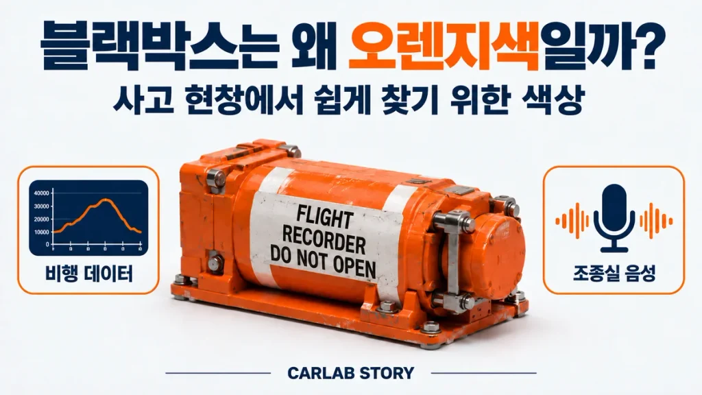 오렌지색 항공기 블랙박스와 비행 데이터·조종실 음성 기록 기능을 표현한 그림